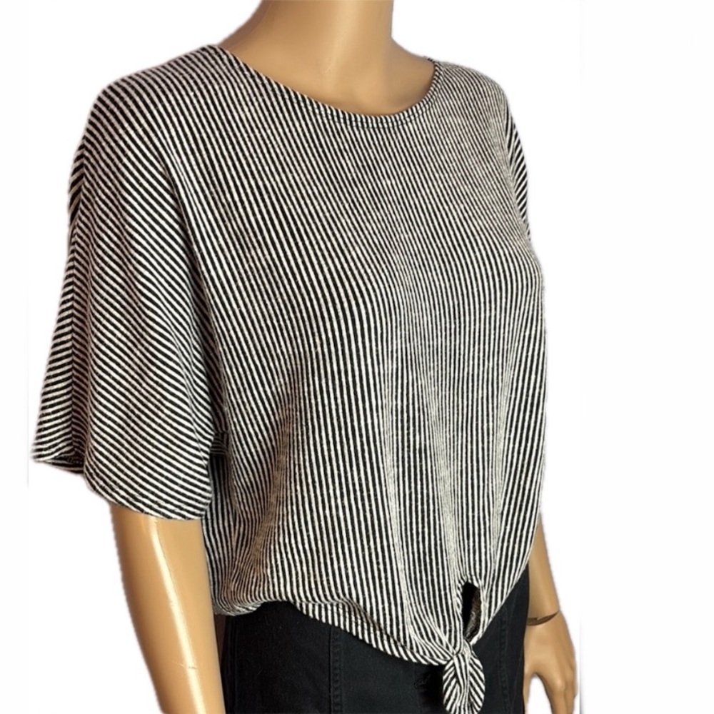 Striped Black and White Women's Top with Knot Tie Feature